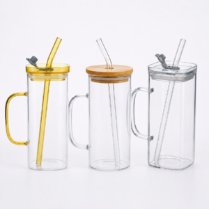 Modern Glass Tumbler Mug Set with Lid & Glass Straw