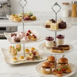 Modern Midnight 3-Tier White Ceramic Serving Stand (Round & Square)
