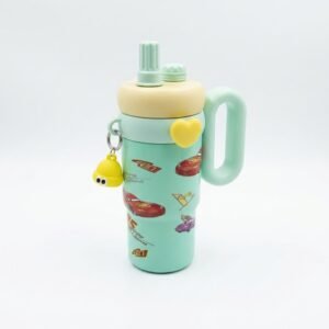 Cute Mint Green McQueen Cartoon Water Bottle with Straw & Handle