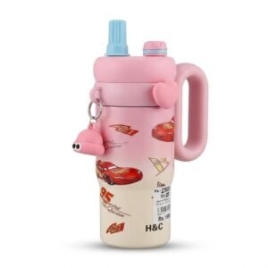 Cute Pink McQueen Cartoon Water Bottle with Straw, Handle & Keychain