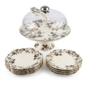 Luxury Floral Ceramic Cake Stand Set with Glass Dome, Dessert Plates & Server
